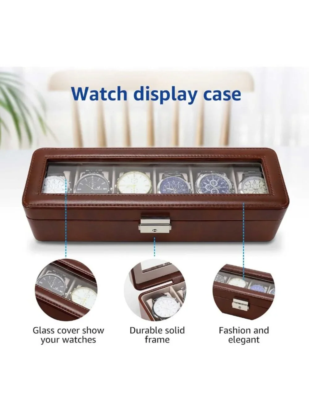 6-Slot PU Leather Watch Box Organizer with Glass Lid & Lock - Jewelry Display